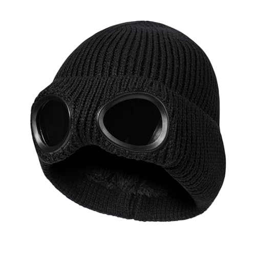 TAGVO Winter Warme Strickmütze, Winddichte Thermo Weiche Fleecefutter Skifahren Wandern Laufen Mütze mit Abnehmbarer Schutzbrille, Slouchy Thick Skull Cap für Männer Frauen Erwachsene Outdoor Sport