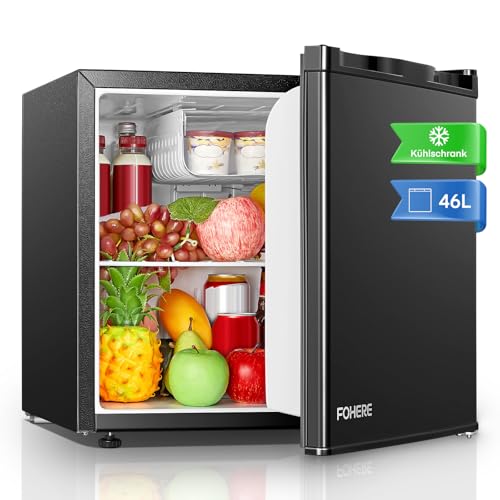 Mini Kühlschrank E 46L mit Eisfach, Kühlschrank Klein 42 dB, Wechselbarer Türanschlag, Energiesparend, Temperaturregelung, Ideal für Küche, Büro, Schlafzimmer, Hotels und kleine Wohnungen (Schwarz)