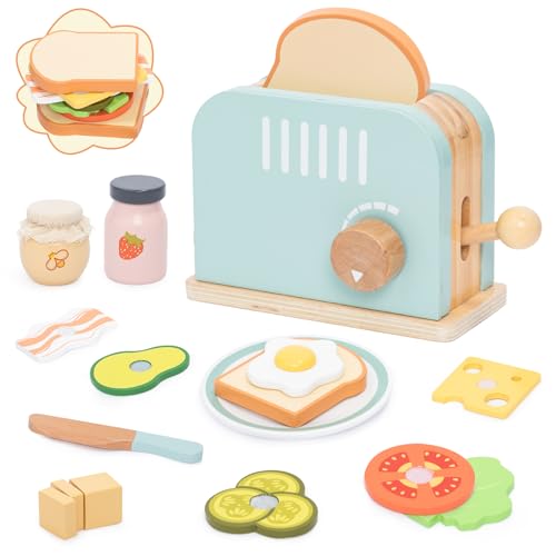 Toaster-Spielzeug-Set aus Holz für Kinder – Simulationsspiel – Pop-up-Toaster mit Brot, Butter, Messer, Ei und Lebensmittelzubehör – Montessori-Küchenspielzeug für Kleinkinder