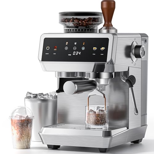 AMZCHEF Siebträgermaschine, 20 Bar Espressomaschine mit mahlwerk, 44 Mahlgrade, 4-Temperaturstufen,Cold Brew, 1,8L Tank,espressomaschine mit Milchaufschäumer, IMD Touch Screen,Edelstahl
