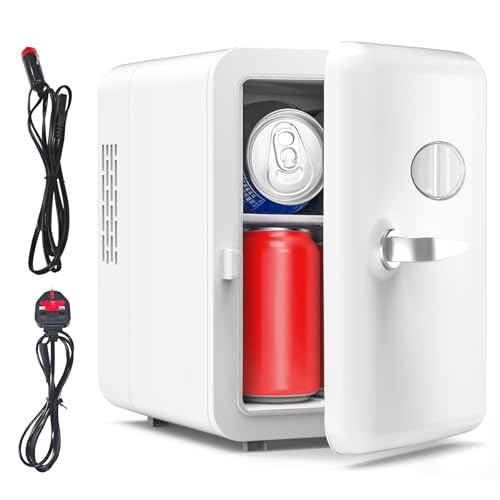 Vexloria Kühlschränke, Mini Kühlschrank, 4 Liter/ 6 Dosen Mini-Kühlschränke für Kosmetik, Getränke, 220V AC/ 12V DC Thermoelektrische Kühlung,eintüriger Getränkekühlschrank (Weiß)