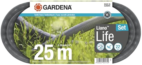 Gardena Liano Life Textilschlauch 1/2 Zoll, 25m Set: Hochflexibler Gartenschlauch aus Textilgewebe, mit PVC-Innenschlauch, kein Abknicken, leichtgewichtig, wetterbeständig (18455-20),Multicolor