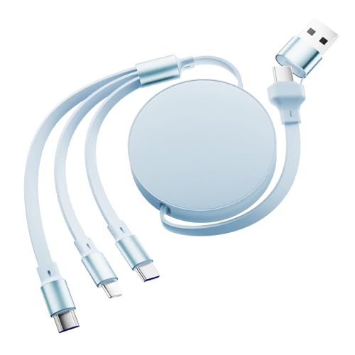 120W 3 in 1Multi USB Kabel USB Ladekabel Mehrfach Schnellladekabel mit Micro/Phone/Type C Universal Einziehbares Ladekabel Aufroller Kompatibel für i-Phone, Laptop, i-Pad, Galaxy S23 S22(Blau)