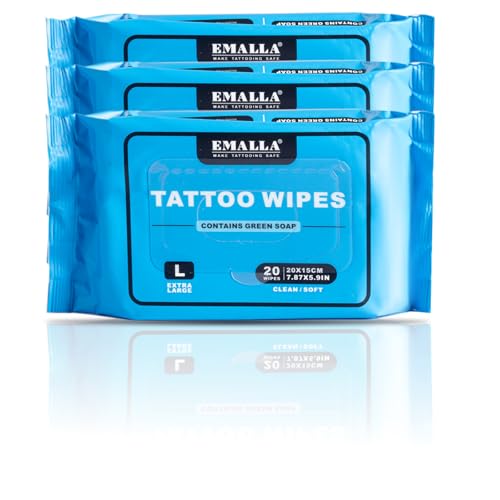 EMALLA Cleansing Green Soap Tattoo-Reinigungstücher 3pcs(60 Stück) Alkoholfreie Pflanzenfaser, Tattoo-Nachpflege, Zubehör für Tinte Tattooing Hautpflege