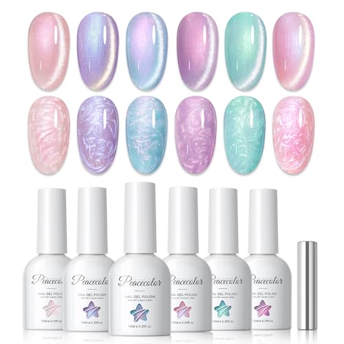 PEACECOLOR UV Nagellack Cat Eye UV Gel 10ML - 6 Farben Rosa Blau Lila Gel Nagellack Pearl Effect Soak Off Nail Polish Muschel Wirbel Effekt Cat Eye für Maniküre und Nagelkunst DIY
