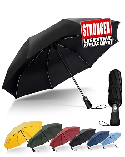 Chakipee Kompakter Reise Regenschirm Groß Sturmfest – Automatik Taschenschirm für Herren und Damen, Tragbarer 210T-Stoff 8 Rippen Schirm Schwarz