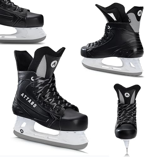 ATTABO Hockey Schlittschuhe Herren in Schwarz Größe 45 EU Eishockey Schlittschuhe mit Schnürung Eislaufschuhe Herren mit Edelstahlklinge Ice Skates Für Anfänger bis 100 kgKomfortabel und Warm