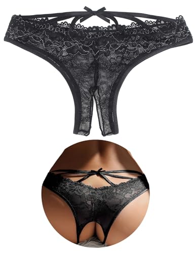 ohyeahlady Slip Ouvert Für Frauen String Große Größen Spitze Dessous Damen Sexy Unterwäsche mit Loch Curvy Höschen Unterhosen im Schritt Offen Hipster Offener Schritt Übergroße Reizwäsche Schwarz,M