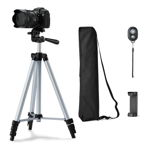 Amazon Basics Telefon- und DSLR-Kamerastativ, 127,0cm (50,0in), Leicht, mit Tasche, kabelloser Fernbedienung und Telefonhalterung, Höhenverstellbar, Silberfarben