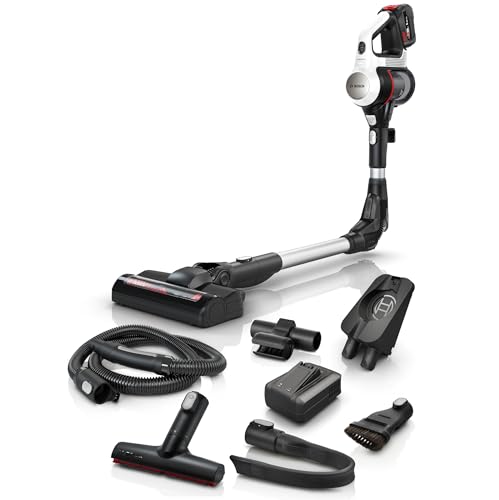 Bosch Akku-Staubsauger Unlimited 7 BSS715CARP, kabellos, Knickrohr, Hygiene-Filter, 10 Jahre Motorgarantie, 5.0 Ah Akku, Schnellladegerät, XXL-Polsterdüse, Turbostufe, Made in Germany, weiß