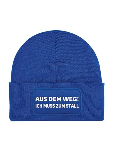 NIMAMA Pferd Beanie Mütze AUS DEM Weg ICH MUSS ZUM STALL Lustiger Spruch Damen Wintermütze Statement Strickmütze für Frauen Wollmütze als Geschenk - Royalblau