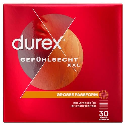 Durex Gefühlsecht XXL Kondome – Dünne Kondome mit großer Passform & mit Silikongleitgel befeuchtet, transparent, angenehmer Geruch - für einen komfortablen Sit – 30er Pack (1 x 30 Stück)