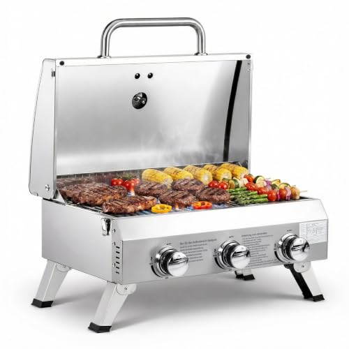 ROVSUN 6,6 kw Gasgrill Camping mit 3 Brenner Campinggasgrill mit Deckel & Thermometer 61x43x40 cm, Tischgrill für Hinterhof, Terrasse, Camping, Strand & Picknick