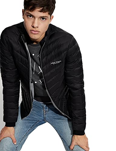 A|X ARMANI EXCHANGE Herren Daunenjacke mit Reißverschluss, Milano/New York Logo Daunenalternative Mantel, Schwarz/Melange Grau B, X-Small
