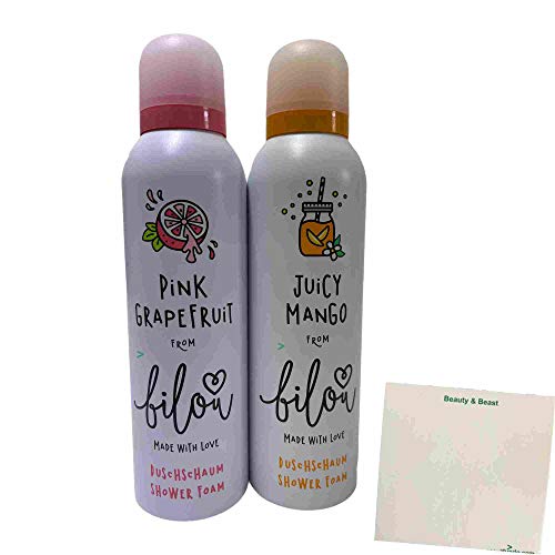 bilou Duschschaum Neuheiten 2021 (je 1x200ml Flasche Juicy Mango & Pink Grapefruit) + usy Block