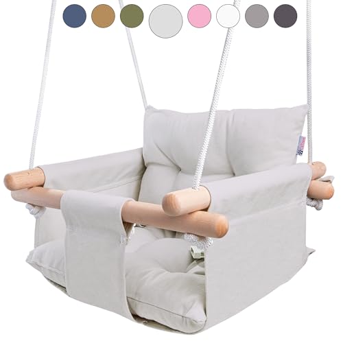 Cateam Babyschaukel Holz, Hängeschaukel mit 5-Punkt-Sicherheitsgurt, Indoor Outdoor, Kinderschaukel ab 12 Monate, Grau