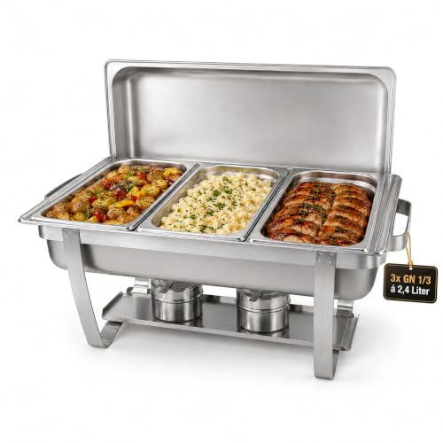 Warmhaltebehälter für Essen, Chafing Dish Edelstahl mit 3 GN-Behältern, Rechaud | Buffetwärmer mit 3X 2,5 L GN-Behältern & Deckel, Speisenwärmer mit Wasserbad, für Grillgut, Buffet, Catering & Events