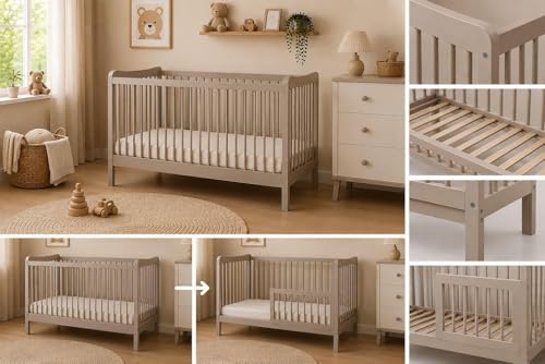 Baby Happy Bliss Kinderbett Sasha 120x60 cm aus Buchenholz, umbaubar zum Juniorbett mit Rausfallschutz, EN 716 geprüft, 3-Fach höhenverstellbar (Taupe)
