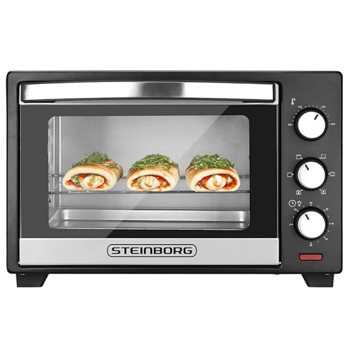 Steinborg® Mini Backofen 25 Liter Miniofen Elektro – Pizzaofen Tischbackofen 3-in-1 mit Ober-/Unterhitze & Umluft Konvektion, 1600 Watt Minibackofen mit 60 Min Timer & Krümelblech