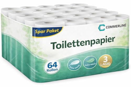 Commerline 64 Rollen Toilettenpapier 3 lagig | Klopapier Toiletten Klo Wc Papier | 3-lagig 150 Blatt je Rolle | Hochwertigem Zellstoff Extra Weich Großpackung (64 Rollen)