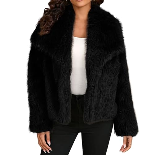 ZhuiKun Damen Kunstpelz Mantel Kurzer Felljacke Faux Pelz Winterjacke Kunstfell Einfarbig Dicker Parka Wintermantel - Schwarz, M