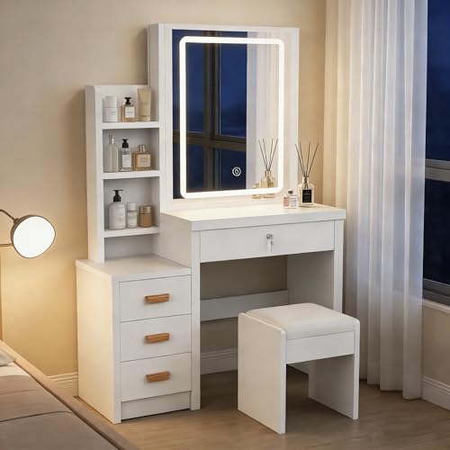 Oyajia Schminktisch Weiß, Kosmetiktisch mit Spiegel & Hocker, Frisierkommode mit LED-Beleuchtung Set, Frisiertisch mit 4 Schubladen, Schlafzimmermöbel Vanity Set, 135 * 80 * 36cm