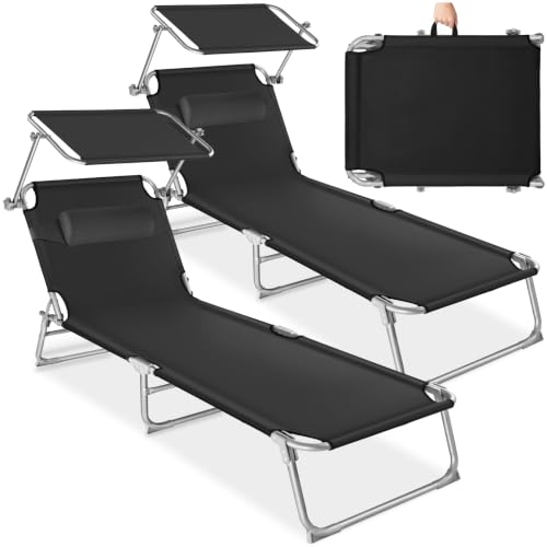 tectake 2er Set Sonnenliege - leicht und klappbar, leichte Liege für Camping und Garten, Perfekter Liegestuhl mit Dach, transportable und zusammenklappbar mit Griff