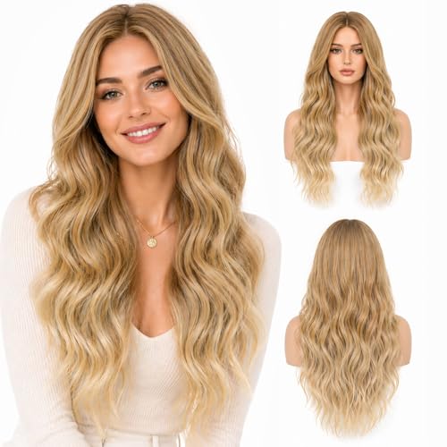 LUFFLOK Lange Gewellt Blond Perücke für Frauen 68cm Lange Lockige Volle Perücken Damen Gewellte Hitzebeständig Volle Haar Perücke für Tägliche Karneval (Blond)