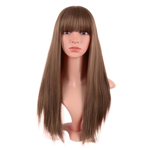 MapofBeauty 22 Zoll/56 cm Frauen Lange Gerade Flache Pony Kunsthaar Hitzebeständiges Faserhaar für Party Cosplay Perücke (Mittel Braun)