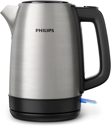 Philips Daily Collection Metall Wasserkocher – 1,7L, Leuchtanzeige, 360°-Basis, Mikro-Sieb-Filter, Flaches Heizelement, Sprungdeckel, Energiesparend, Sicheres Design, Schnelles Aufkochen (HD9350/90)