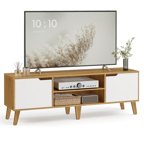 VASAGLE TV-Schrank, Lowboard, Fernsehschrank mit Verstellbarer Ablage, für Fernseher bis zu 65 Zoll, 147 cm lang, Übergangsstil, Fernsehtisch, Wohnzimmer, natureichenfarben-cremeweiß LTV556Y01