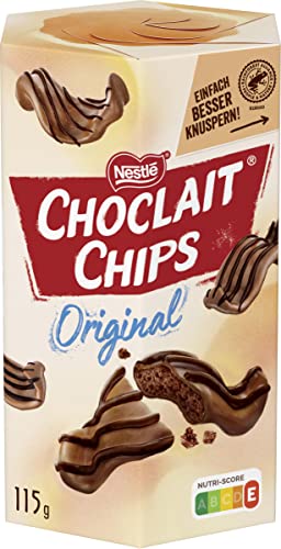 Nestlé CHOCLAIT CHIPS Original, leckere Knusperchips umhüllt mit leckerer Milchschokolade und verfeinert mit Dekorstreifen aus dunkler Schokolade, 1er Pack (1 x 115g)