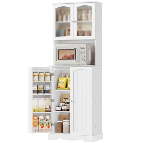 HOCSOK 181cm Küchenschrank hoch, Buffetschrank mit Mikrowellenregal und 8 Türablagen, Freistehender Küchenvorratsschrank für die Küche, Moderner Stil, weiß