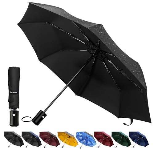 TechRise Regenschirm, klassisch, winddicht, automatisch, zusammenklappbar, kompakt, mit einem Knopf, automatisches Öffnen und Schließen-schwarz