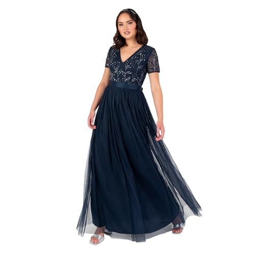 Maya Deluxe Women's Maxi Ladies Floral Sequin Embellished V-Neck Short Sleeve Tulle Sash Tie Belt Empire A-line Bridesmaid Dress, Navy Blue, 42