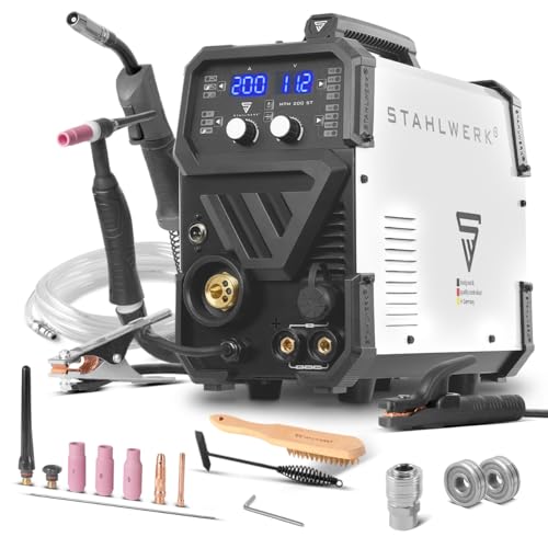 STAHLWERK Schutzgasschweißgerät 3-in-1 Kombi MTM-200 ST – Kombi-Inverter für WIG, MIG/MAG, MMA/E-Hand bis 200 A, synergischer Drahtvorschub, 4-Rollen-Antrieb, Fülldraht geeignet, Stahl, Dünnblech