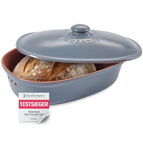 Römertopf Brottopf aus natürlicher Keramik, ideal für die Aufbewahrung von Brot und Gebäck 30x21cm blau-grau