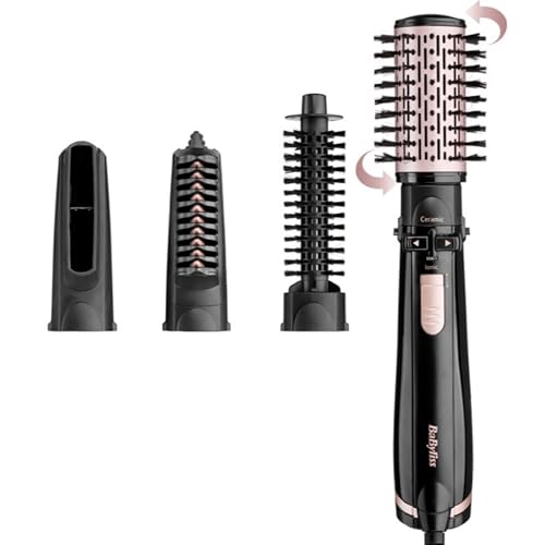 BaByliss Dry, Straighten and Style - Rotierende Warmluftbürste, 1000W Ionen Rundbürstenföhn mit 4 Aufsätzen zum Föhnen, Glätten, Volumen kreieren, Schwarz, AS200E