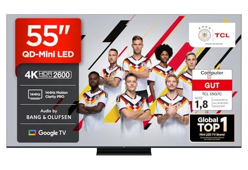 TCL 55Q7C QLED Mini LED Fernseher, 55 Zoll, 4K HDR Premium, Dolby Vision IQ & Atmos, Smart TV mit Google TV, 6.2.2 Sound, 144Hz VRR, AMD FreeSync Premium Pro, HDMI 2.1, AirPlay 2, Alexa