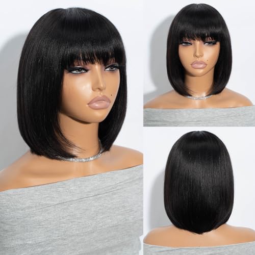 Joedir Bob Echthaar-Perücke mit Pony Kurze Bob-Perücken für Frauen Brasilianische Straight Bob Perücke Echthaar Natürliche Schwarze Kleberlose Perücken für Schwarze Frauen 26 CM