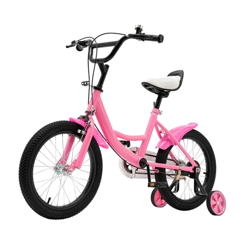 LENJKYYO 16 Zoll Kinder Fahrrad ab 5-8 Jahren Höhenverstellbar Fahrrad Kinderfahrrad für Jungen Mädchen Kinder mit Hilfsrad Doppelbremssystem, Kinderfahrrad Tretfahrrad rosa