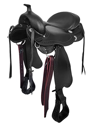 A&M Reitsport Baumloser Westernsattel Omaha Schwarz aus Büffelleder, wechselbares Kopfeisen, Größe:17 Zoll