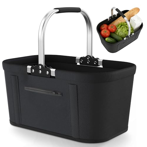 Einkaufskorb Faltbar 30L Groß Einkaufskorb Picknickkorb Tragekorb, Praktischer Klappkorb Einkaufstasche mit Aluminiumgestänge Tragegriffen, Familie Einkaufstasche für Camping Picknick Reisen Einkaufen