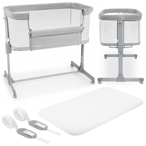 Moby-System Babybett & Kinderreisebett mit Matratze - Luna 3in1 - Höhenverstellbares Baby Reisebett, Beistellbett bis 9 kg, Abnehmbare Seitenwand, 4 Transporträder, Grau