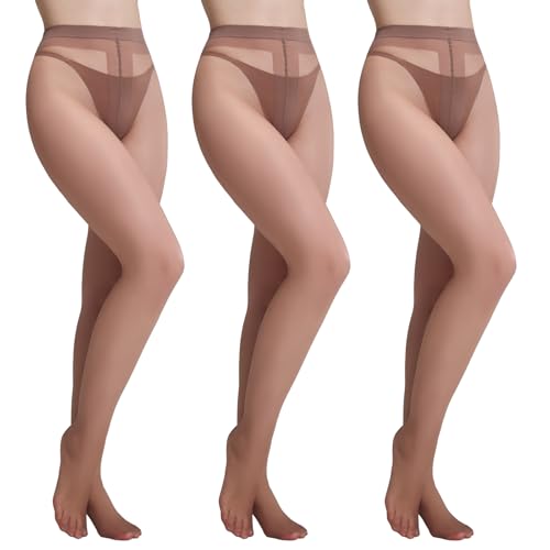 Yilanmy 3 Paar Strumpfhosen Damen 20 DEN Transparente Feinstrumpfhose, Hohe Taille T-Crotch Pantyhose (Braun,S-M)