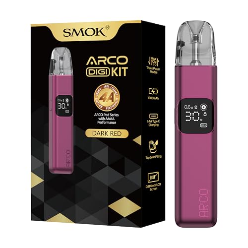SMOK Arco Digi Pod Kit Vape E Zigarette 1300mAh Akku 5W-30W Leistungsbereich 3ml Pod Top Fill System Type C Ladegerät 0.84 Zoll LCD Bildschirm Kompatibel Mit Arco Pod Cartridge Ohne Nikotin Dunkelrot