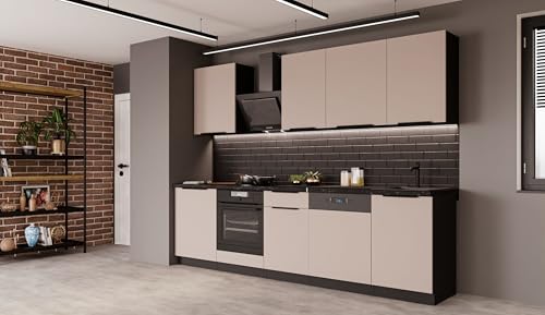 Kuechen-preisbombe Küche Arona Basic 280 cm Küchenzeile Küchenblock Einbauküche Kaschmir beige matt + Schwarz matt