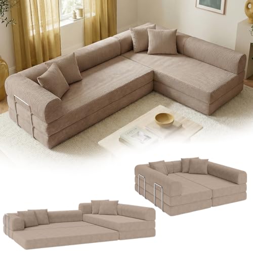 skølm Lofn Ecksofa 4 Sitzer – Wohnlandschaft L-Form Cord – Klappsofa 300cm breit Grau – ausklappbar zum Schlafsofa/Bodensofa – Vollschaumcouch Boneless mit 4 Kissen & Stahlgestell – vakuumverpackt