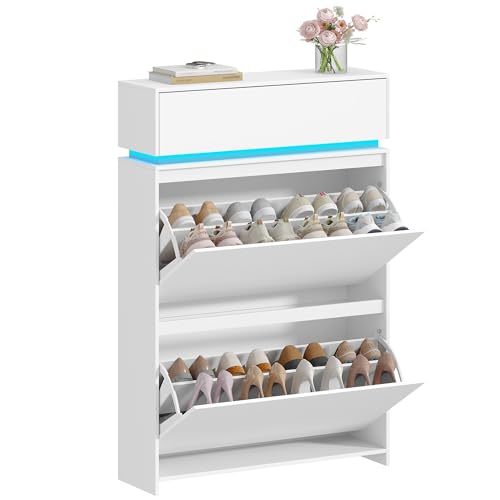 Hzuaneri Schuhschrank, Schuhkipper Schmal mit LED-Leuchten, Schuhregal, Verstellbare Ablagefläche, 16 Paar, 2 Klappen(75B cm), Schuhaufbewahrung für Eingang, Flur, Weiß SR58803XEU