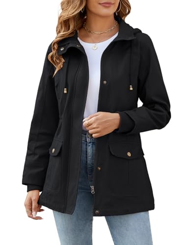 Tuopuda Übergangsjacke Damen Baumwolle Jacke Übergang Stehkragen Mantel Parka Jacket mit Kapuze mit Kordelzug Übergangsmantel Hooded Oberbekleidung für Frühling Sommer Herbst, Schwarz, S